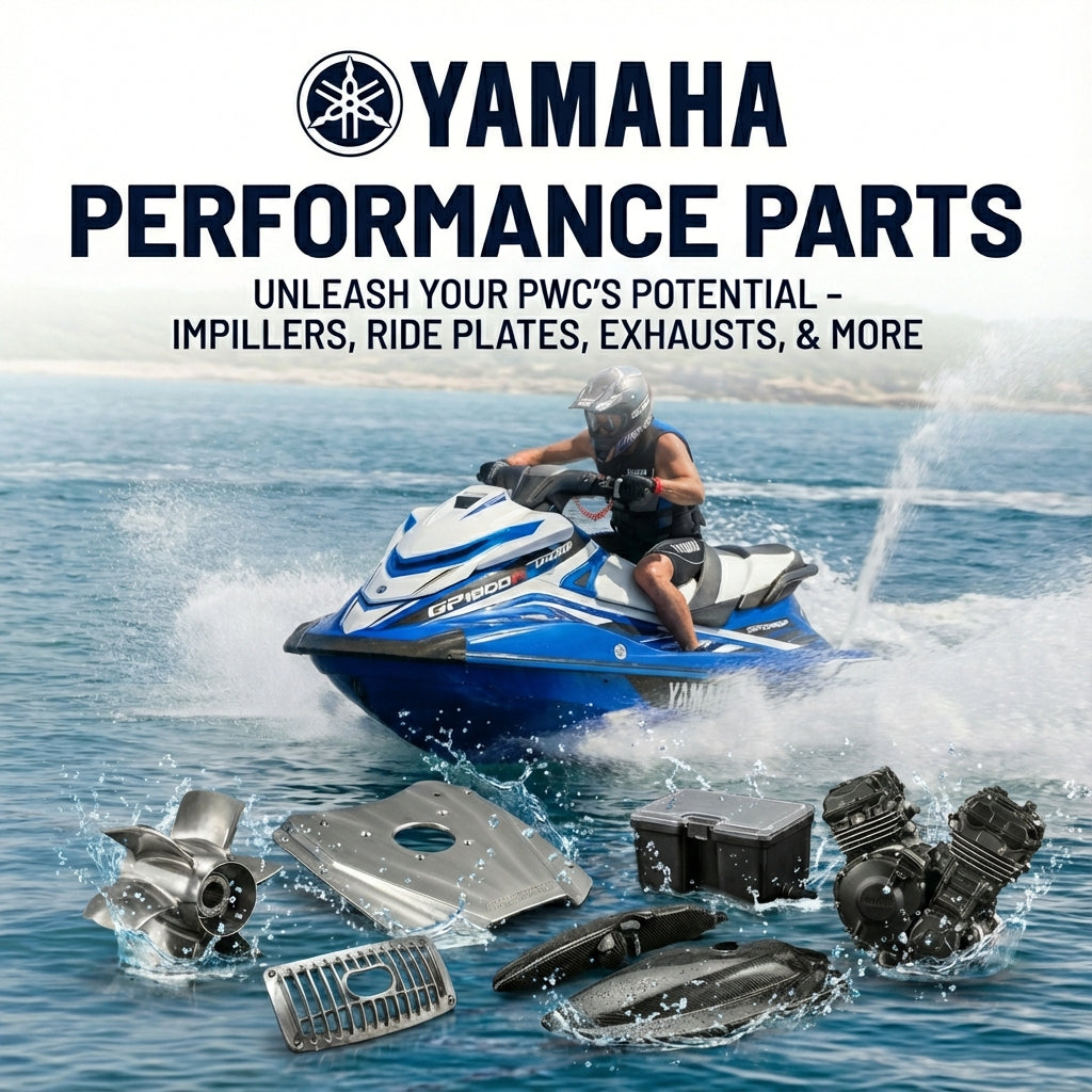 Dynamic rider on a blue Yamaha GP1800 splashing through water with performance parts displayed - Yamaha Performance Parts - C