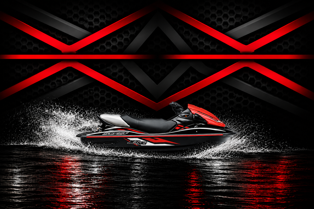 Sleek black and red Kawasaki STX 160LX jet ski with sporty lines and modern design - Kawasaki STX Series - Cabrera Motorsport