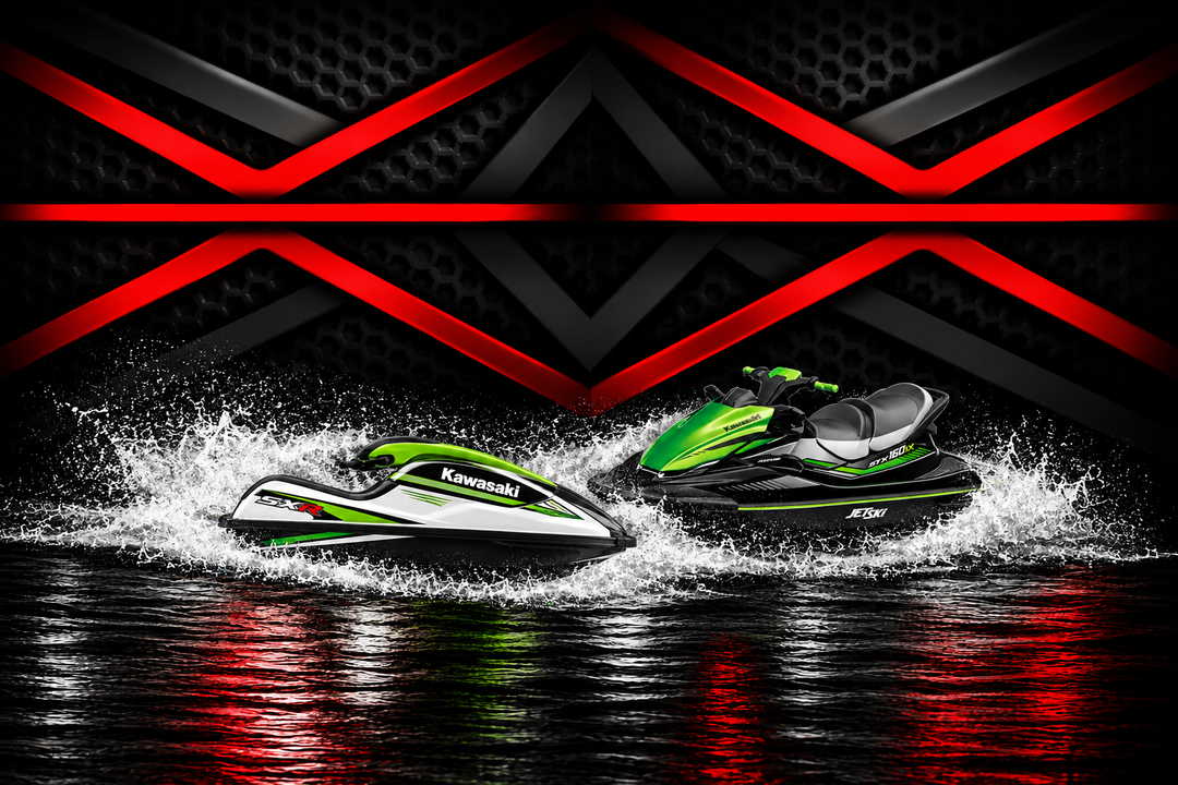 Vibrant multi-colored vintage jet skis lined up on a display stand, showcasing iconic designs - Kawasaki Vintage Legends - Ca