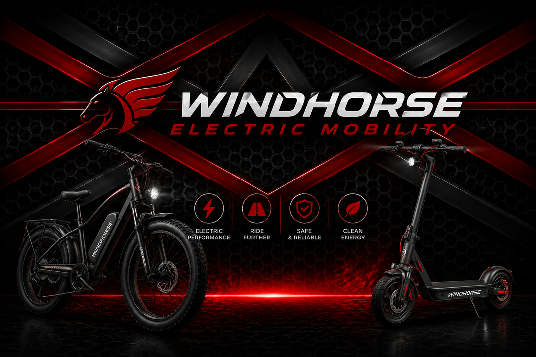 Logo with dynamic horse and bold lettering, using red and black colors - Windhorse Electric Mobility - Cabrera Motorsports