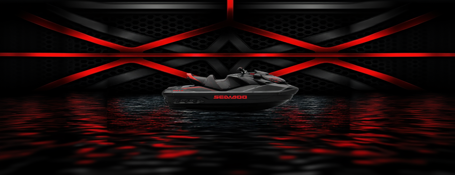 Deluxe inflatable boat on water with red and black geometric design in the background